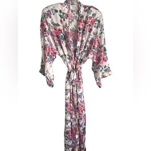 Vintage Faye Satin Full Length Floral Print Robe Pink Purple Green White Small